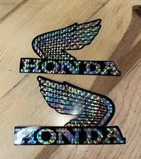Pair 1970s HONDA Wing Silver Prismatic Decals 4.5”