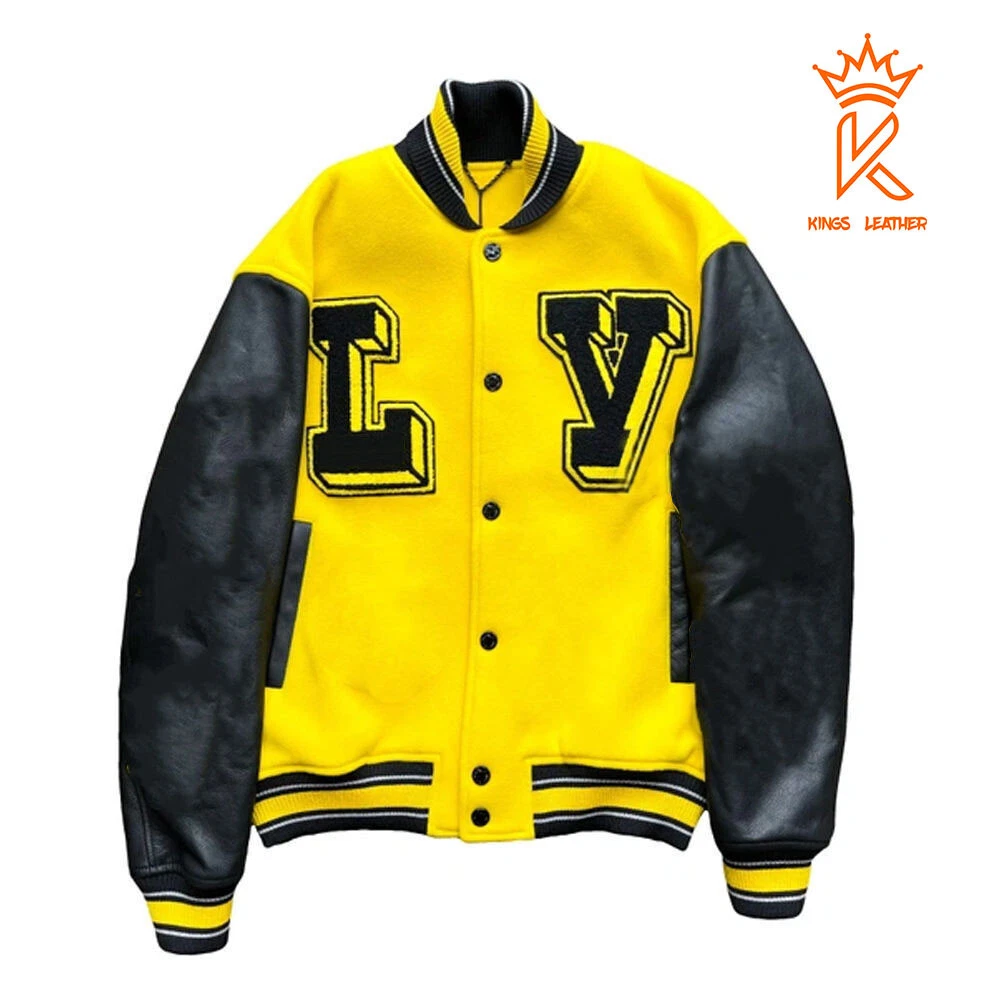 Varsity Letterman Bomber Jacket Yellow Wool/Embroidery And Black Leather Sleeves
