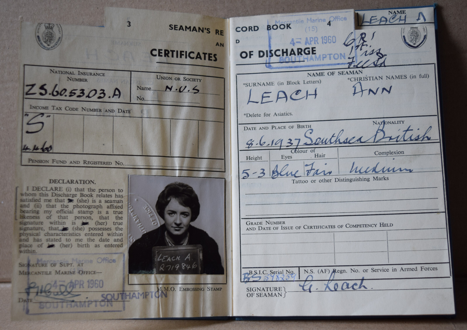 Seaman papers Ann Leach Cunard RMS Queen Elizabeth Shaw Savill SS