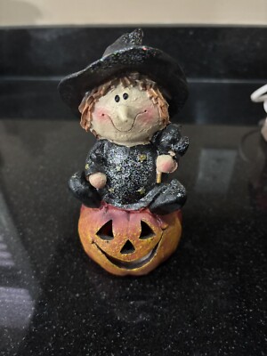 Ceramic Light Up Witch Sitting On Pumpkin Figurine