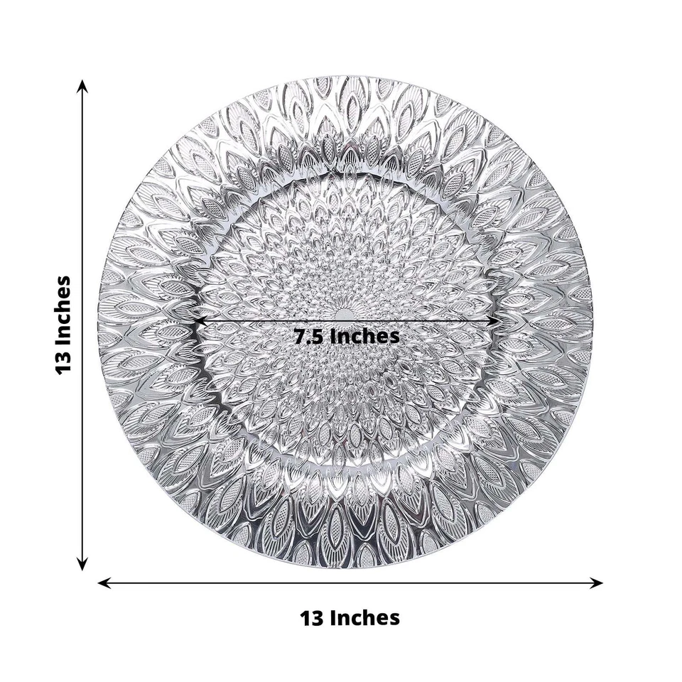 PLATOS CARGADOR Redondos PLATOS PLATEADOS 6 Plástico 13" Patrón Pavo Real Fiesta Eventos Foto 4 de 4