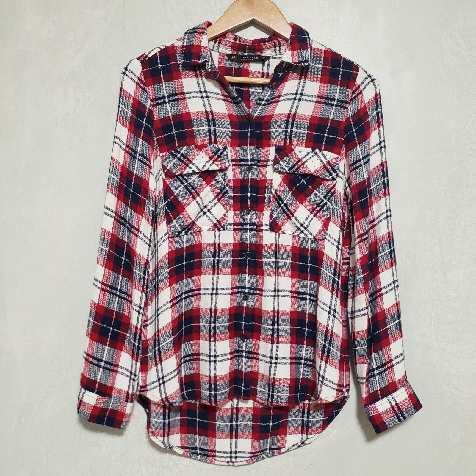 Zara Basic Collection Red Plaid Beaded Pockets Bu… - image 1
