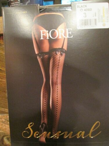 FIORE SATINE FISHNET BOW SEAM GARTER STOCKINGS 3 SIZES EUROPEAN HOSIERY BLACK - Picture 5 of 6