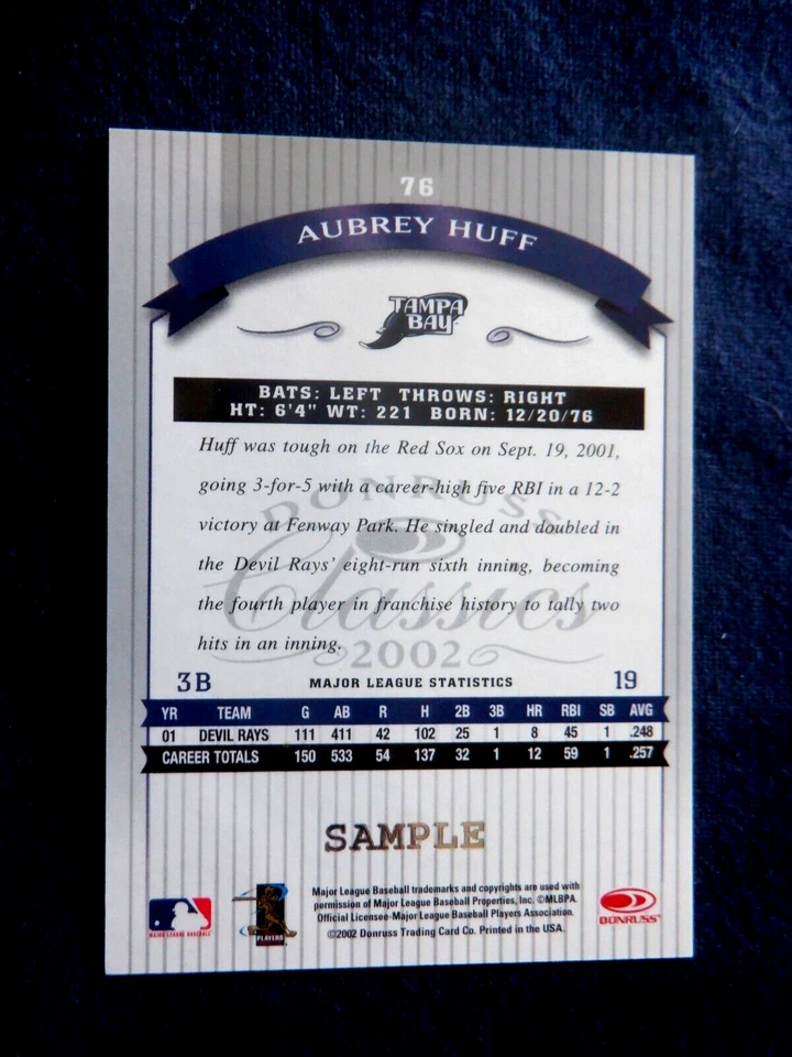 Aubrey Huff Donruss Classics Sample card 76, 2002 MLB, Tampa Bay Rays - Image 2 of 2