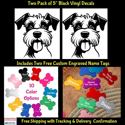 Schnauzer Two 5'' Black Decals & Two Custom Engraved Dog Name Tags