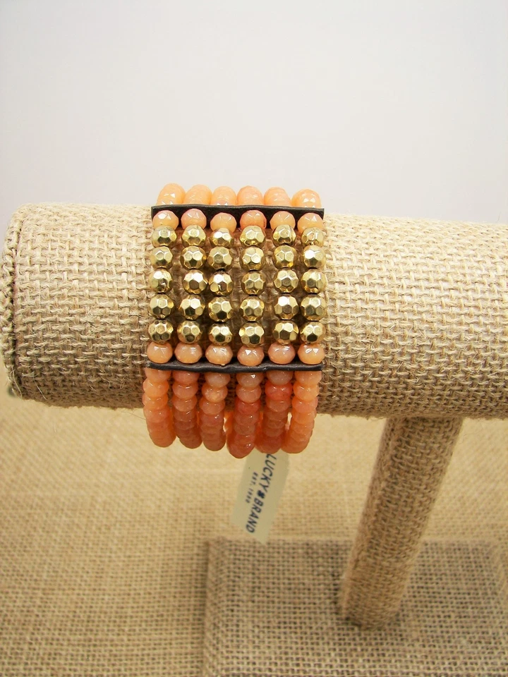 Pulseira larga de contas Lucky Brand 6 fios ouro laranja contas couro marrom boho - Imagem 2 de 4