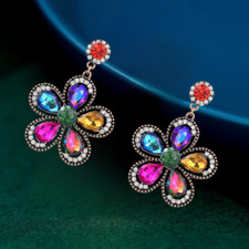 AB/Multi-Color Glass Rhinestone Flower Dangle Stud Earrings