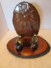 Vintage Handcrafted live edge wood tabletop-clock  w/ 2 wood duck decoys 1960's