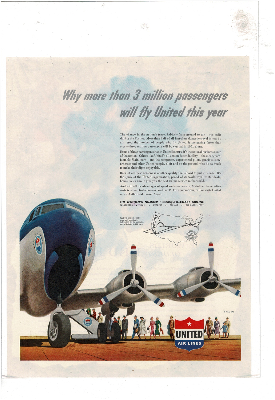 VINTAGE UNITED AIRLINES NO 1 COAST-TO-COAST AIRLINE AD PRINT E055 | eBay