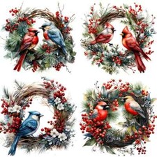 Christmas Wreath Berries Birds Blue Jay Red Cardinal Scrapbook Stickers Craft