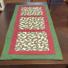 Christmas Holly Table Runner15"X 39" Handmade Reversible Gold Green Cranberry