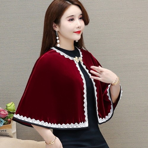 Women Velvet Cape Shawl Cloak Lace Trim Shrug Bolero Crop Top Cardigan Wrap - Picture 8 of 16