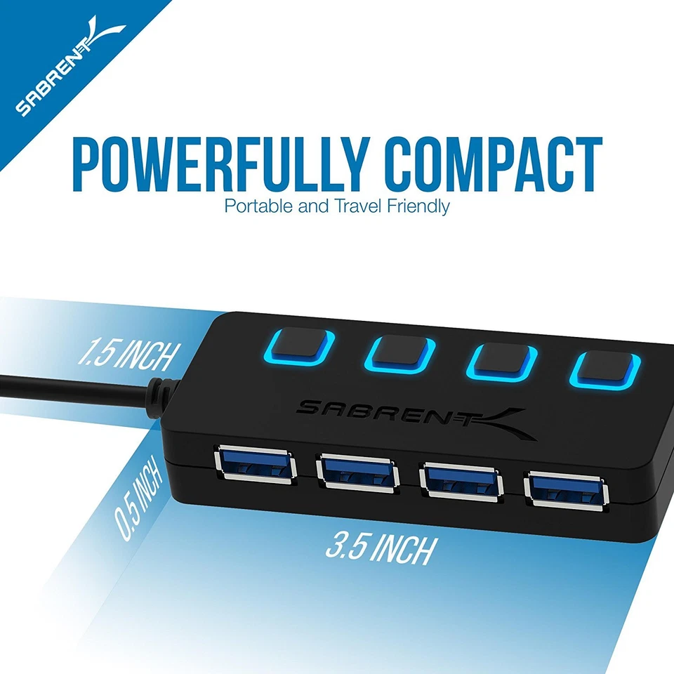 USB Sabrent 4 Port 0 Hub 3 HB Power 2 Switches Individual and LEDs Aluminum Mini - Image 4 of 4