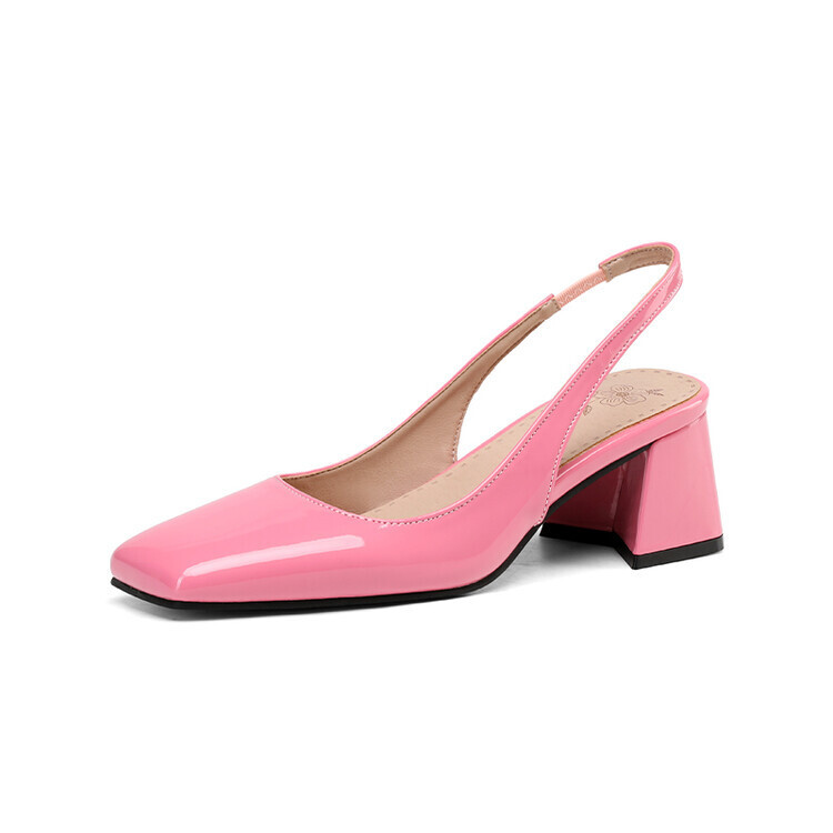 Womens Square Toe Slingback Sandals Office Patent Leather Chunky