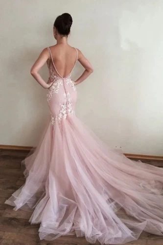 Blush Pink Mermaid Wedding Dresses V Neck Lace Applique Bridal Gowns - Picture 3 of 15