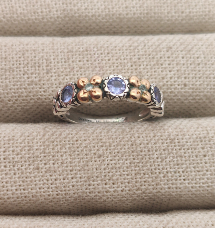 Barbara Bixby Sterling Silver & 18K Gold Multi Gem Floral Band Ring Size 10