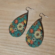 Boutique Novelty Bohemian Sunflower Pattern Teardrop Wooden Drop Earrings