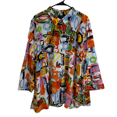 Ali Miles Top 2XL Womens Tunic Abstract Long Sleeve Button Up Career Artsy Multi