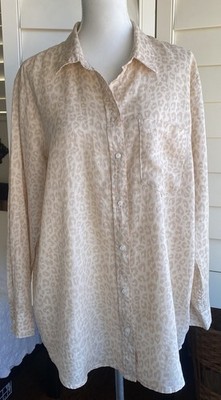 Gap 100% Linen Women XL Leopard L/S Boyfriend Button Up Shirt Coastal Beige