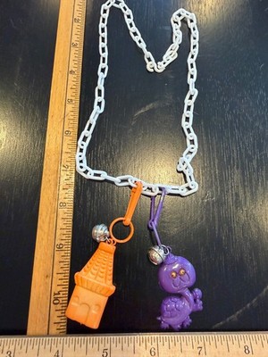 Vtg 80's Plastic Clip On Bell Charm Retro White Purple Turtle Hut Necklace 24''