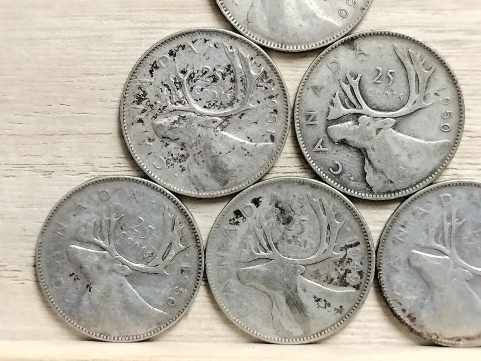 Monedas de plata de 0,800 de Canadá 1949-1951 25 centavos (sin IND: IMP) X 6 condiciones mixtas Foto 4 de 4
