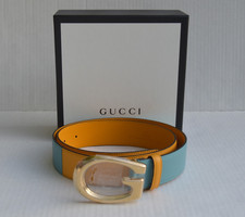 NWT GUCCI Sz 90 Dollar Pig print Color block Yellow/Blue Leather Belt