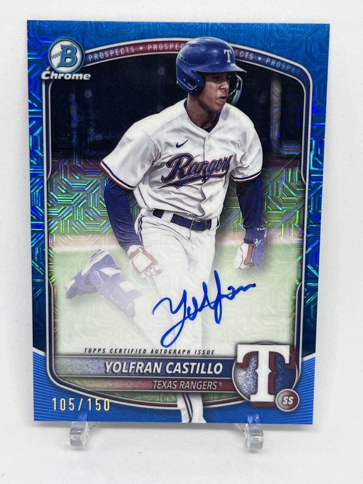 2025 Bowman Chrome Mega BMA-YC Yolfran Castillo Blue Auto /150 Rangers