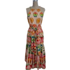 Farm Rio Rainbow Sunset Halter Maxi Bow Dress Size M Cotton Crochet Trim NEW