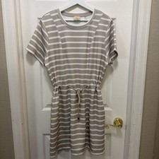 Elie Tahari Scuba Knit Dress Short Sleeve Tan White stripe Cinch Waist LARGE