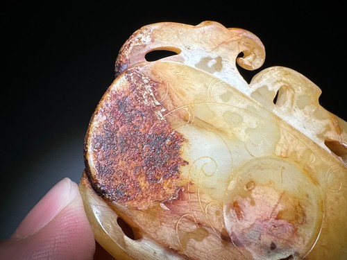 Rare Han Dy Old Jade Carved Dragon Phoenix Design "Ji Xin Pei" Pendant L 8.0 cm - Picture 21 of 24
