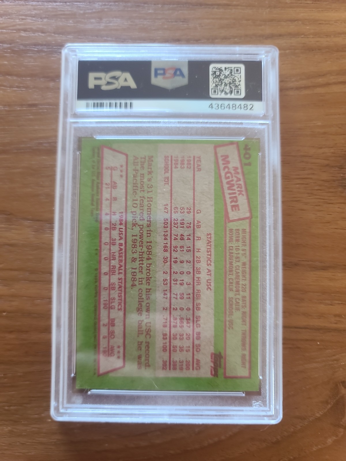 1985 TOPPS #401 MARK MCGWIRE 84 USA BASEBALL TEAM PSA 8 RC ROOKIE view 2