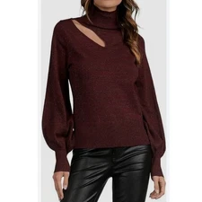 Elan Burgundy Metallic Cut Out Turtleneck Long Sleeve Sweater Knit Pullover Sz S