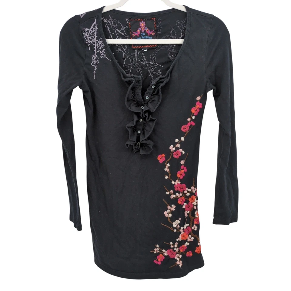 Johnny Was LA Embroidered Floral Bird Top Ruffle Henley Black XS Boho Festival - Image 2 of 4
