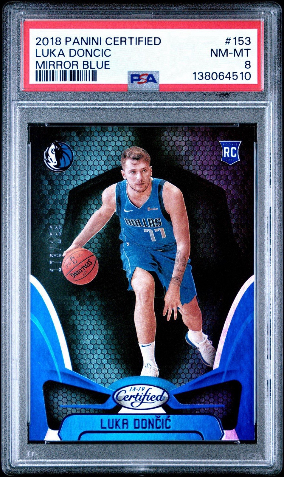 Luka Doncic Rookie 2018-19 Panini Certified Mirror Blue /199 PSA 8 Lakers POP 25