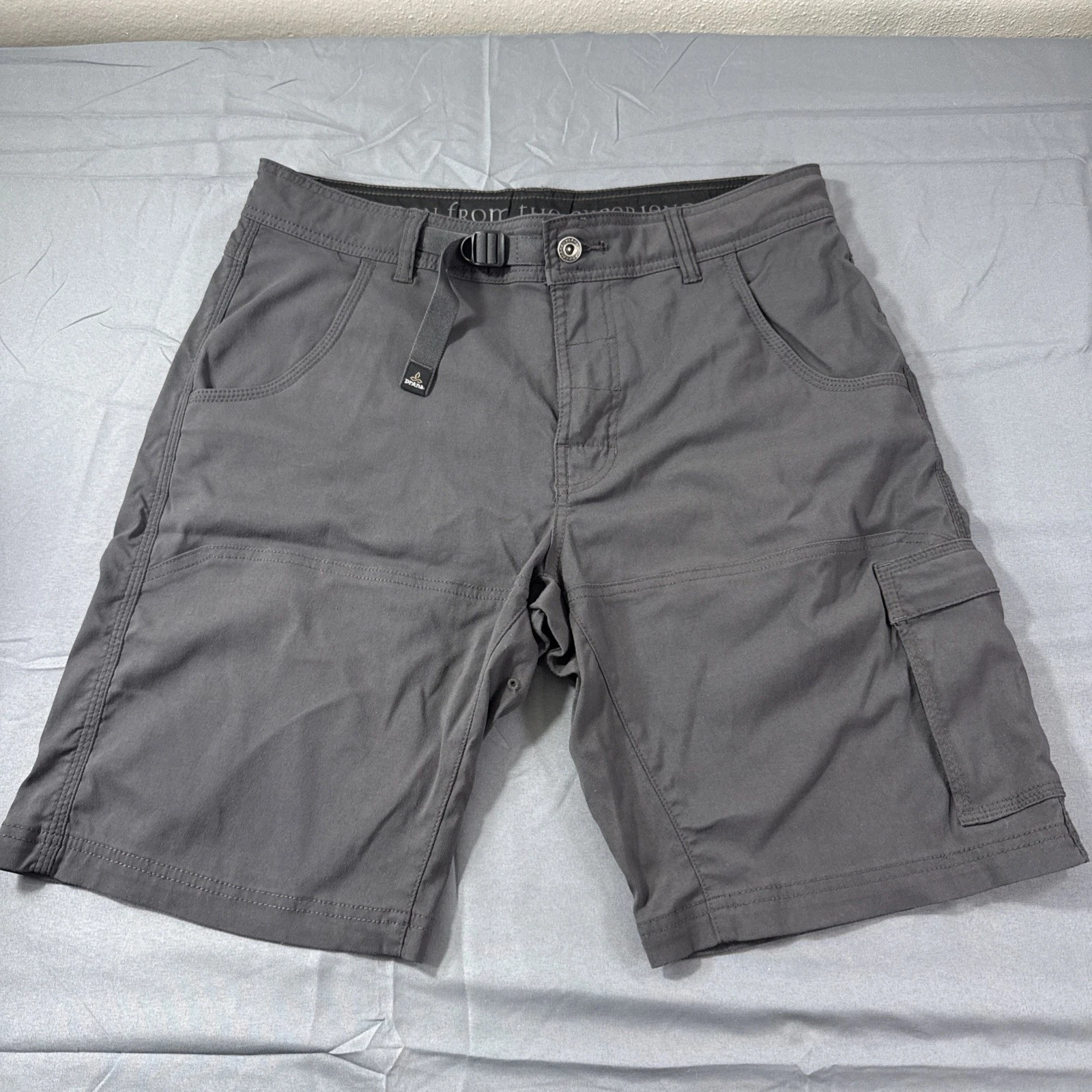 PrAna Stretch Zion Shorts Mens 32W X 10L Gray Belted Hiking Cargo Fishing Travel