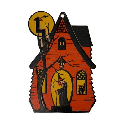 Vintage Halloween Die Cut Haunted House Witch Cat H.E. Luhrs USA 9in