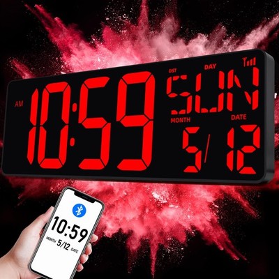17.2'' Bluetooth Large LED Digital Wall Clock, Large Display Date and Tempera...