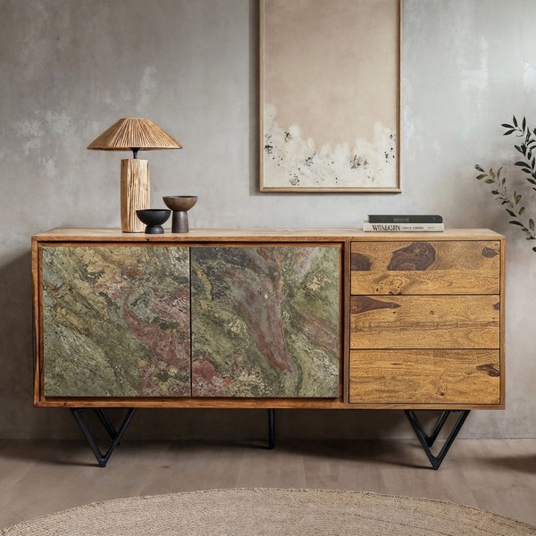 Sideboard FineBuy Kommode Sheesham Massivholz 150 Cm TüRen Steinoptik Schubladen-image