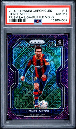 2020 PANINI CHRONICLES PRIZM LA LIGA PURPLE MOJO #15 LIONEL MESSI PSA 8