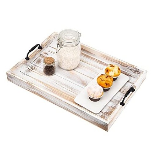 Rustic Vintage Big Wood Food Breakfast Serving Trays with Cutout Washed White