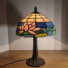 Tiffany Style Table Lamp Vintage Stained Glass Desk Lamp Deep Blue Purple Wis...