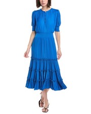 T Tahari Elbow Sleeve Split Neck Tiered Midi Dress Women's
