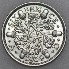 1934 GEORGE V SIXPENCE, BRITISH SILVER COIN, BU WITH FULL MINT LUSTER