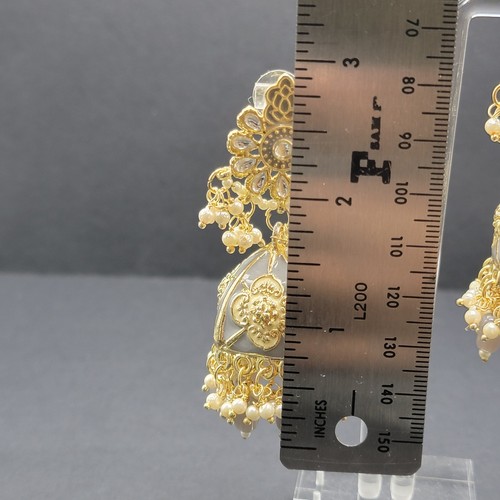 Gold Plated Kundan Jhumka Monalisa CZ Stones Indian Bollywood Flower Earrings - Picture 9 of 15
