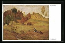 Künstler-AK Matthäus Schiestl: Knabe mit Vogel an einem Bergbach im Vorfrühling 