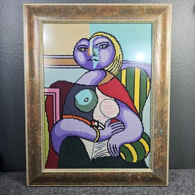Vtg MCM needlepoint after Picasso ''Lady In Green Chair'' Framed 19x15.5 Framed