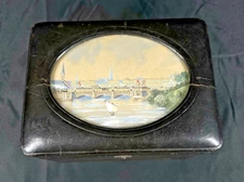 Antique Leather Tea Caddy With Watercolor Of A Bridge On The Top With Key