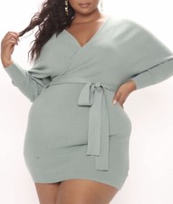 Fashion Nova Size XL Sage Long Sleeve Tie-Waist Annabelle Sweater Mini Dress NWT
