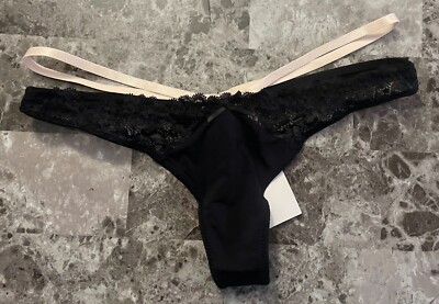 NWT DORINA XS BLACK SMOOTH LACE NUDE BEIGE STRAPPY THONG PANTIES