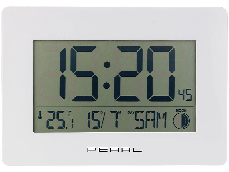 Horloge radio-pilotée design blanc pour salon avec température et date
